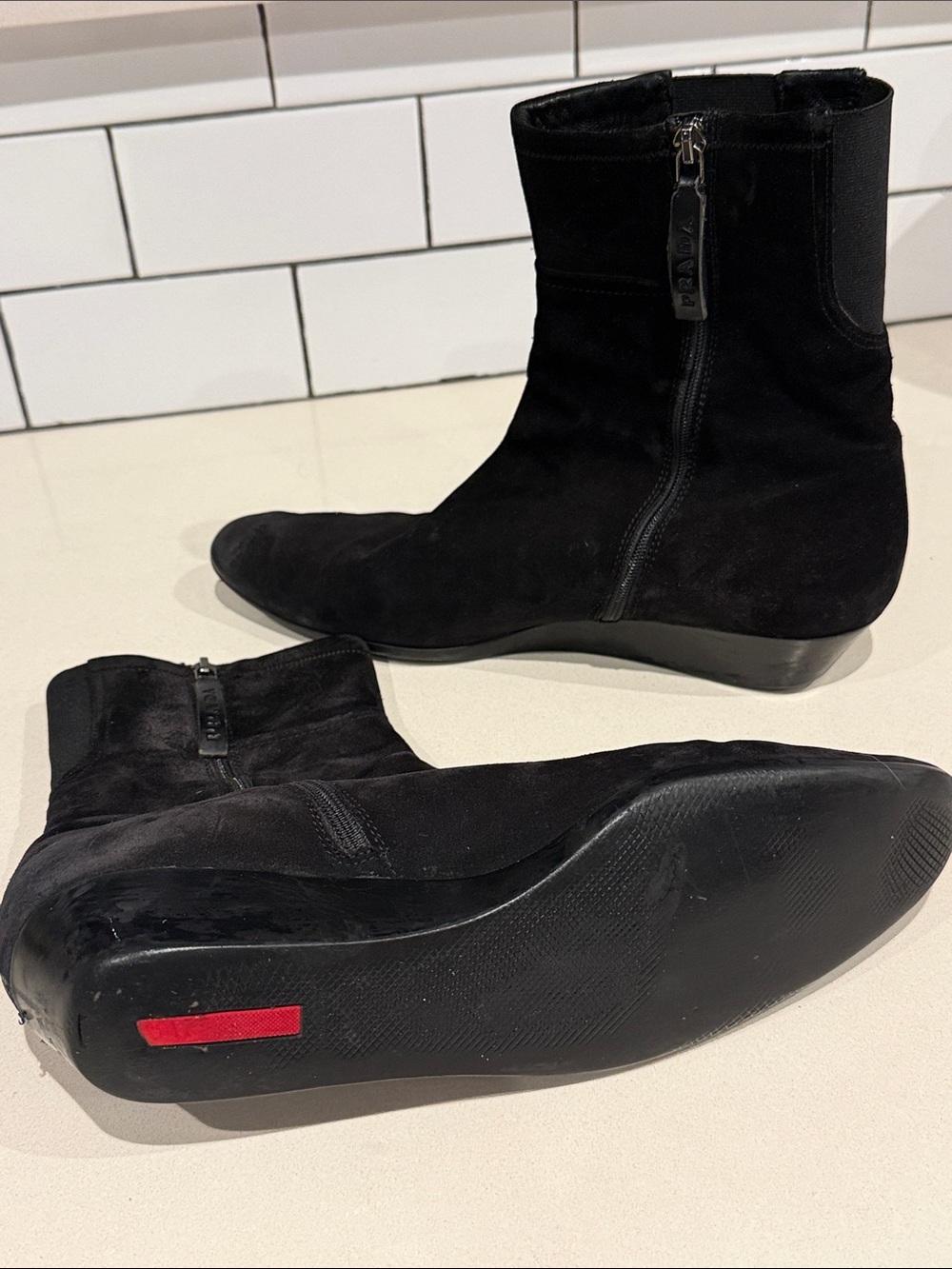 Prada black Suede Leather Ankle Boots